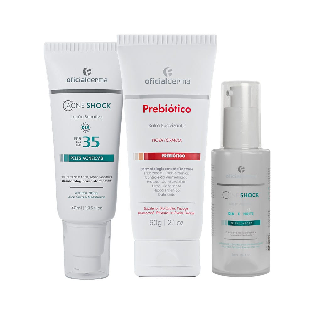 AcneShock Lo&ccedil;&atilde;o Antiacne + S&eacute;rum Dia e Noite + Hidratante Prebi&oacute;tico Balm
